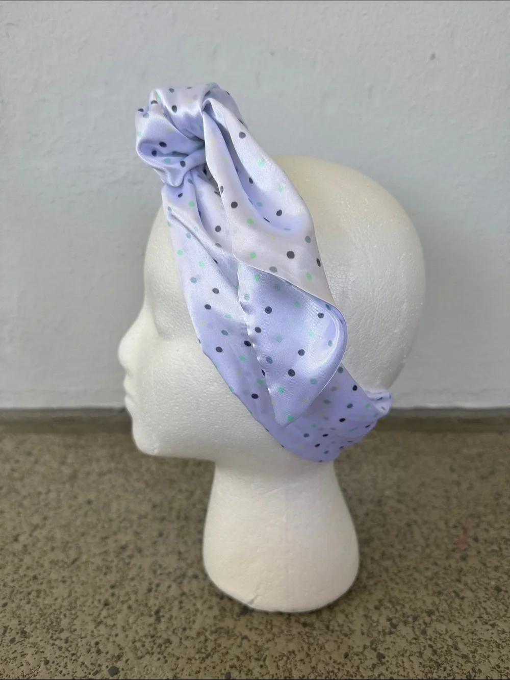 Happily Grey white green satin polka dot print head scarf